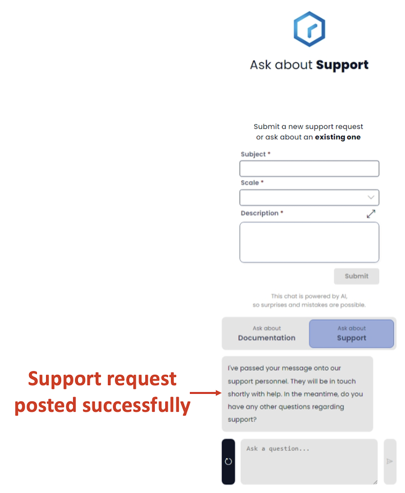 Image showing success message for support ticket creation